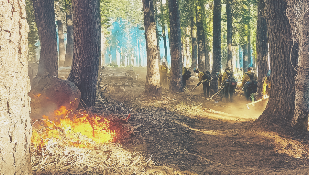 Video (2) Corpsmembers with the Placer 1 fire crew cut fire line with hand tools as flames from the Dixie Fire approach in 2021.