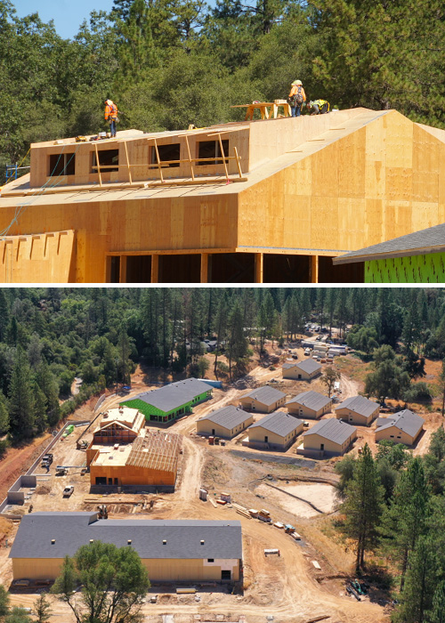 top image: men on top of building under construction. bottom image: aerial view of campus under construction
