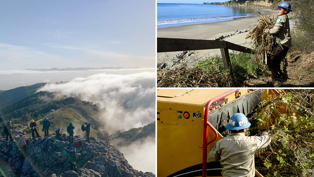 (Left) Corpsmembers at Fremonts Peak, (Top right) Corpsmember removes debris (bottom right) Corpsmember adds branches to woodchipper.