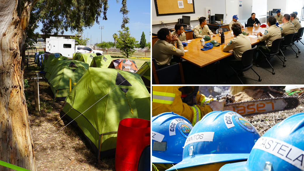 MainImage_SSSCollage_1040x585 Left: camping tents lined up beneath tree line. Top: Corpsmembers sitting around conference table during study session. bottom: helmets lined up ground with chain saw being sharpened in the background.
