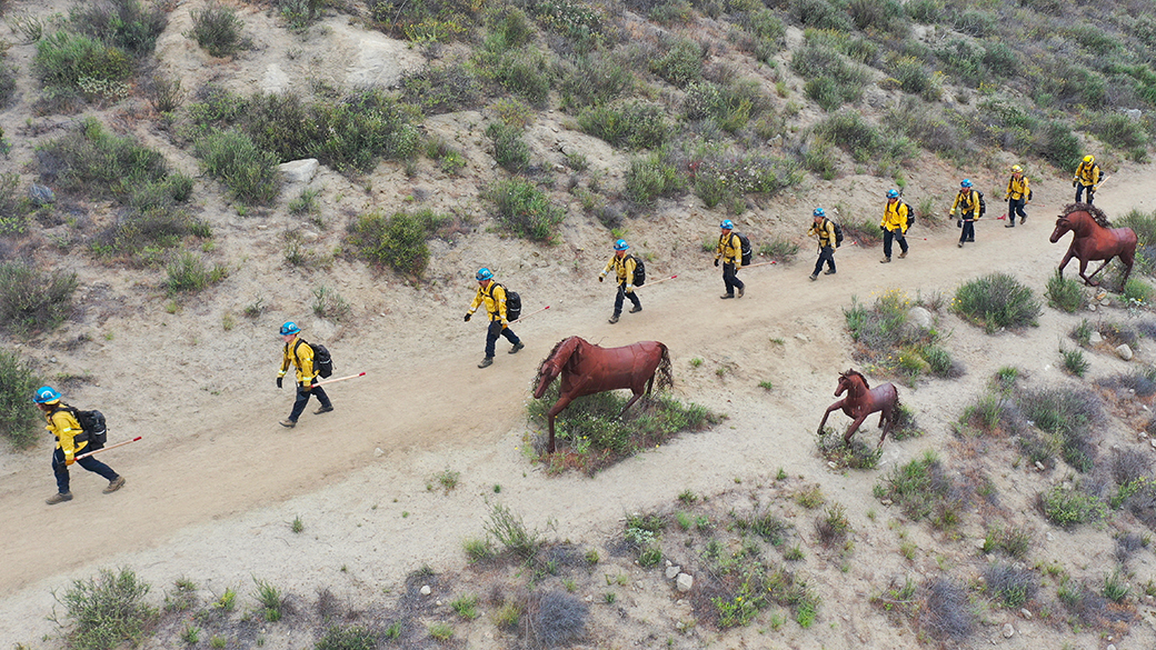 corpsmembers in fire gear hike on trail near horse sculptures
