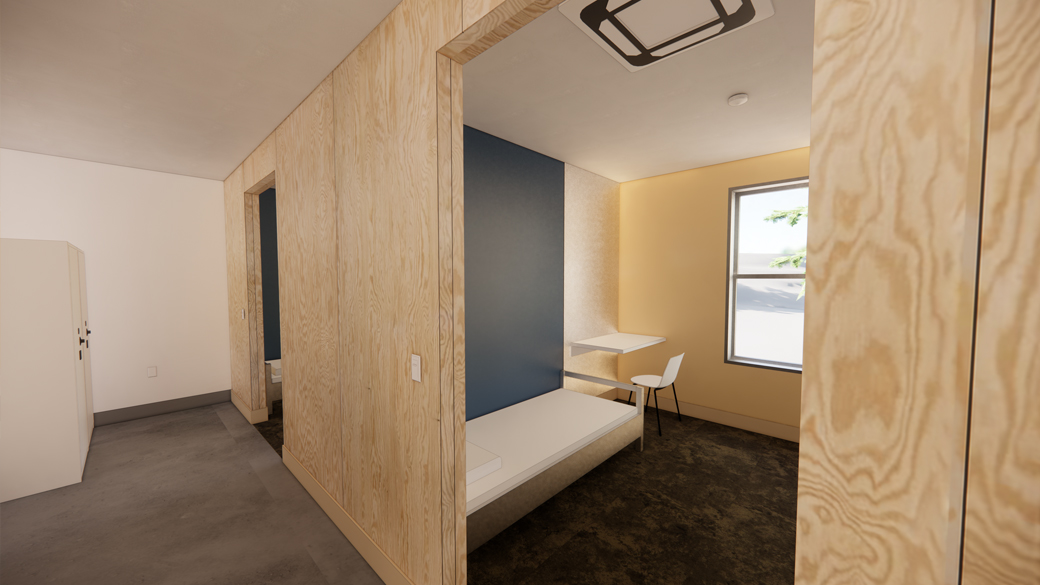 computer generated image of a dorm room featuring an open area, bed, and desk