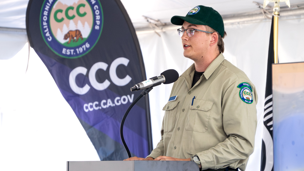 CCC Mendocino Corpsmember Jesse Gibson gives a speech.