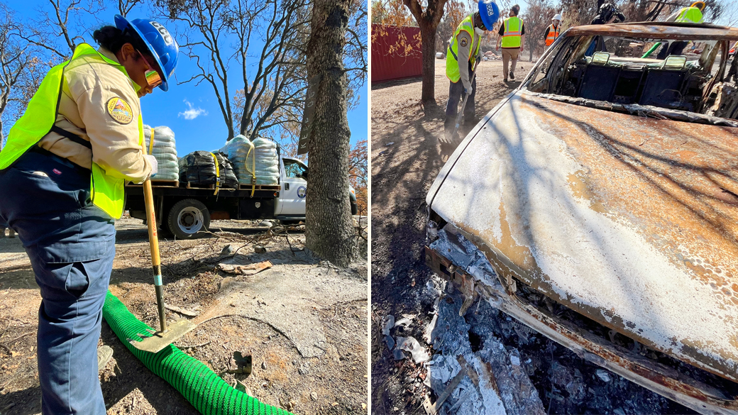 left: corpsmember uses a mcleod to tamp down a silt sock. right: corpsmembers work around burned out vehicles