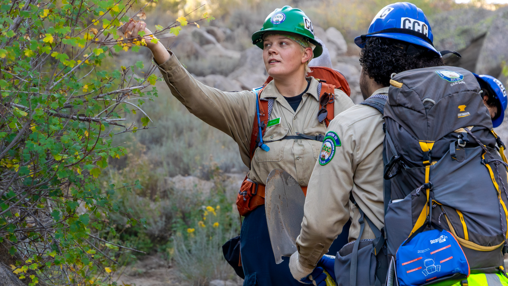 CCC Delta Corpsmember Jessica McAllister admires the fall foliage during the crew's hike into the backcountry.
