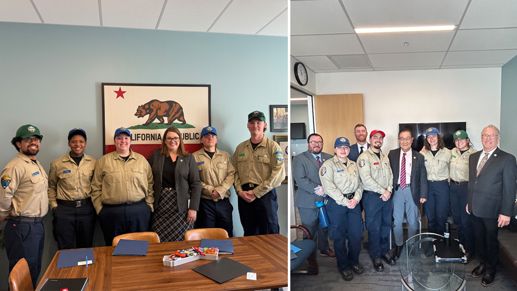 groups of corpsmembers in uniform standing with legislators